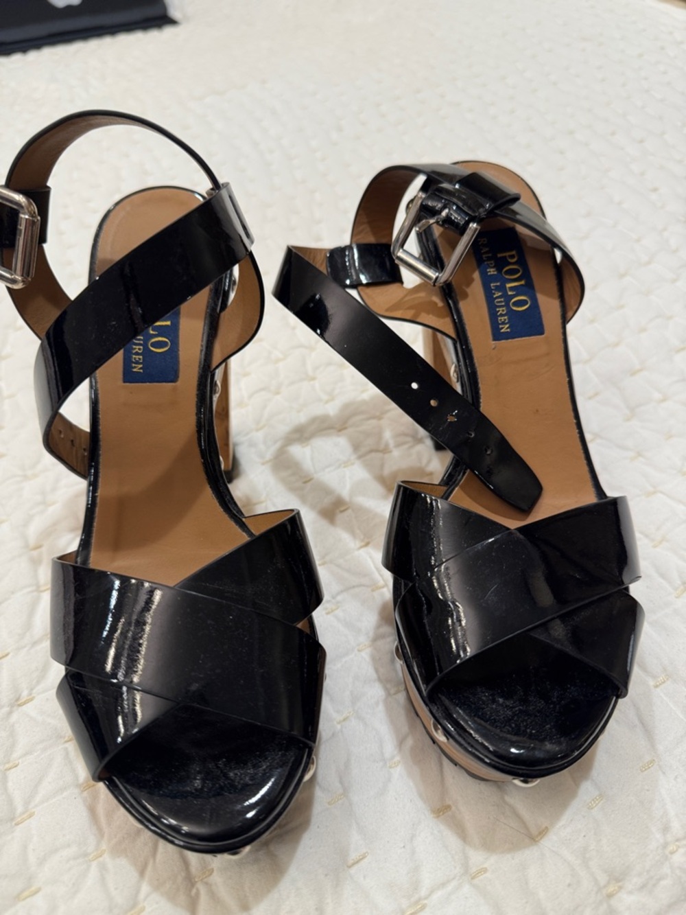 Polo by Ralph Lauren Black Patent Cross-Strap Heeled Sandals